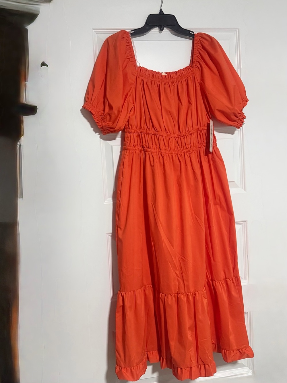 Puff-Sleeve Midi Dress in Vibrant Orange